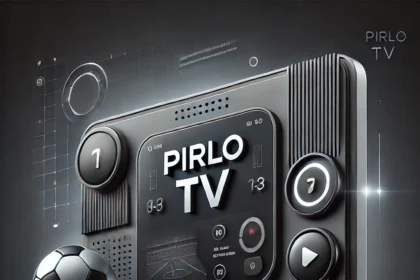 A sleek digital representation of Pirlo TV, featuring a modern interface with a rich brown color theme, showcasing live sports streaming and dynamic design elements