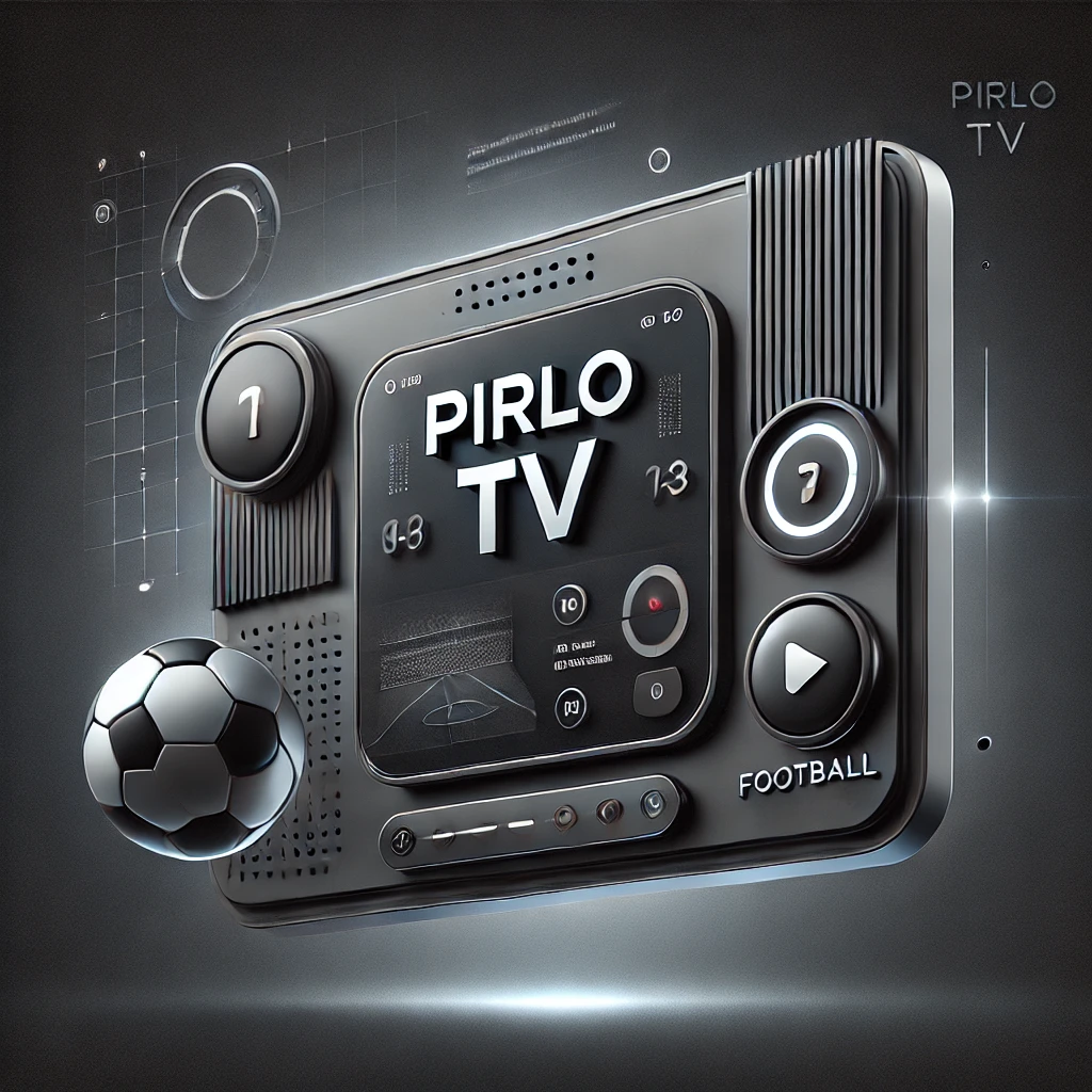 A sleek digital representation of Pirlo TV, featuring a modern interface with a rich brown color theme, showcasing live sports streaming and dynamic design elements