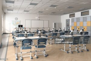  "Side-by-side comparison of a 1960s classroom and a modern classroom. The 1960s classroom features rows of wooden desks, a blackboard, and minimal technology, while the modern classroom showcases flexible seating, digital screens, and advanced learning tools